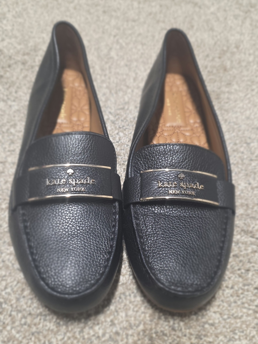 kate spade Black Pebbled Leather Logo Penny Loafers
